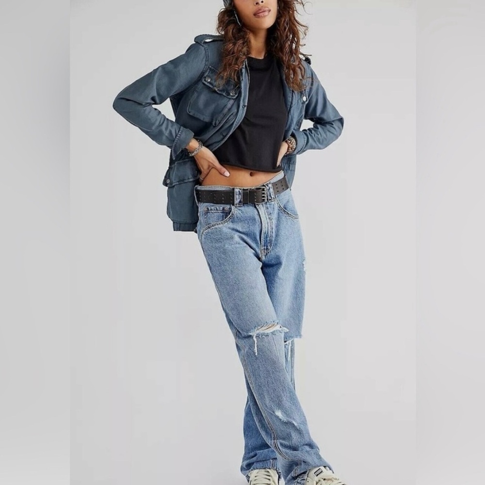 Free People Dark Gray and Aqua Wash detail Utility Jacket Women’s Small